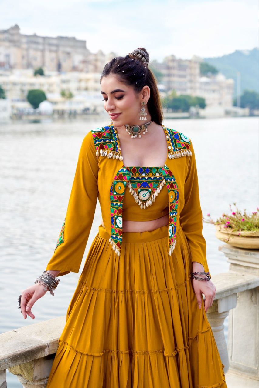 Mustard Yellow Lehenga Choli with Mirror Work and Embroidered Jacket