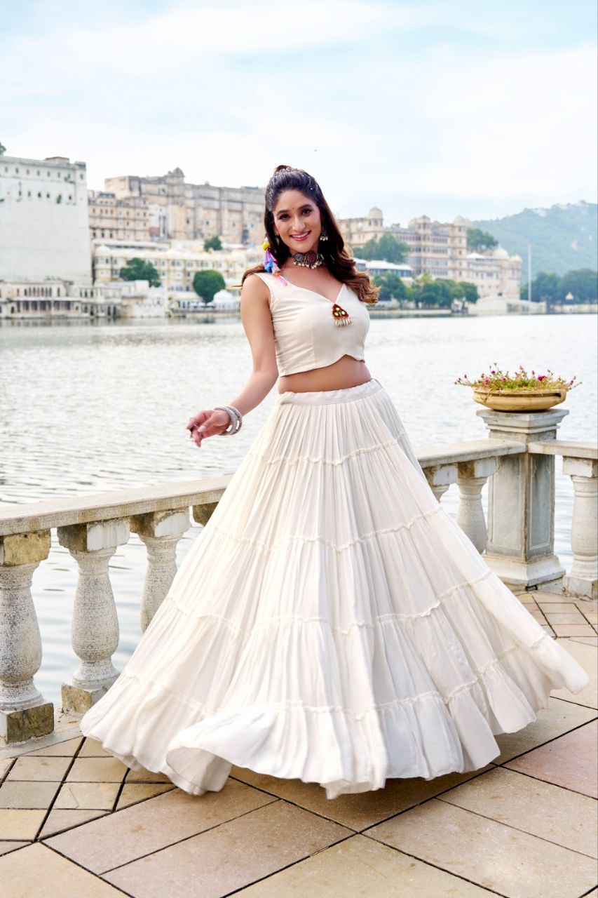 White Mirror Work Lehenga Choli with Embroidered Jacket