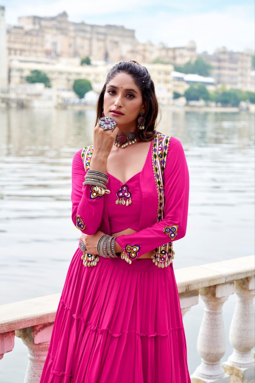 Pink Mirror Work Lehenga Choli with Embroidered Jacket