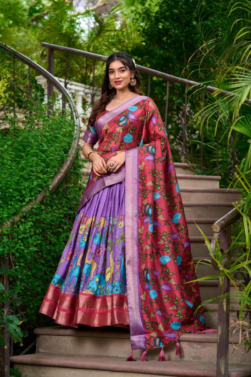 Purple & Red Printed Silk Lehenga Choli with Dupatta