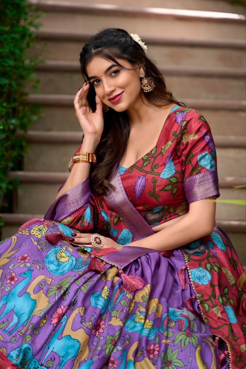 Purple & Red Printed Silk Lehenga Choli with Dupatta