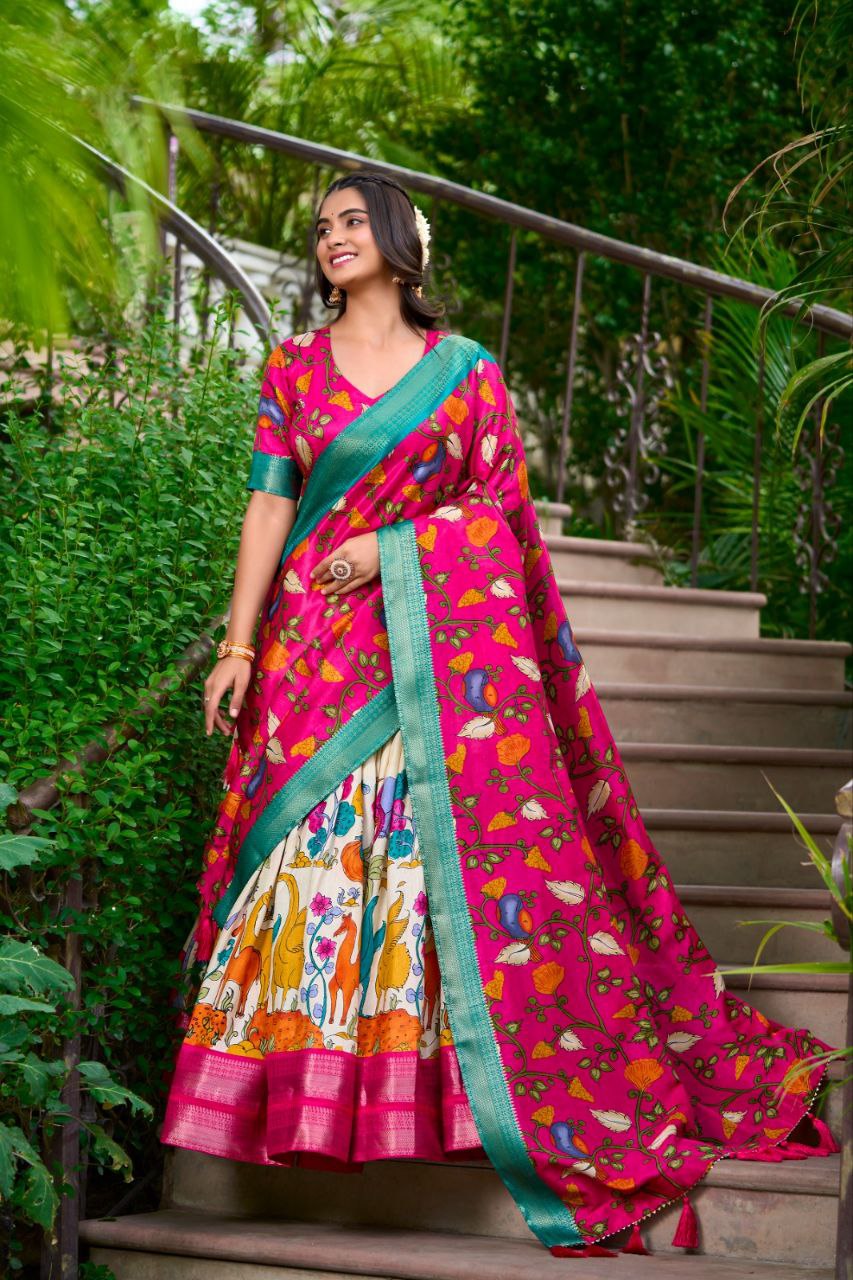 Cream and Pink Silk Lehenga Choli with Green Border Dupatta