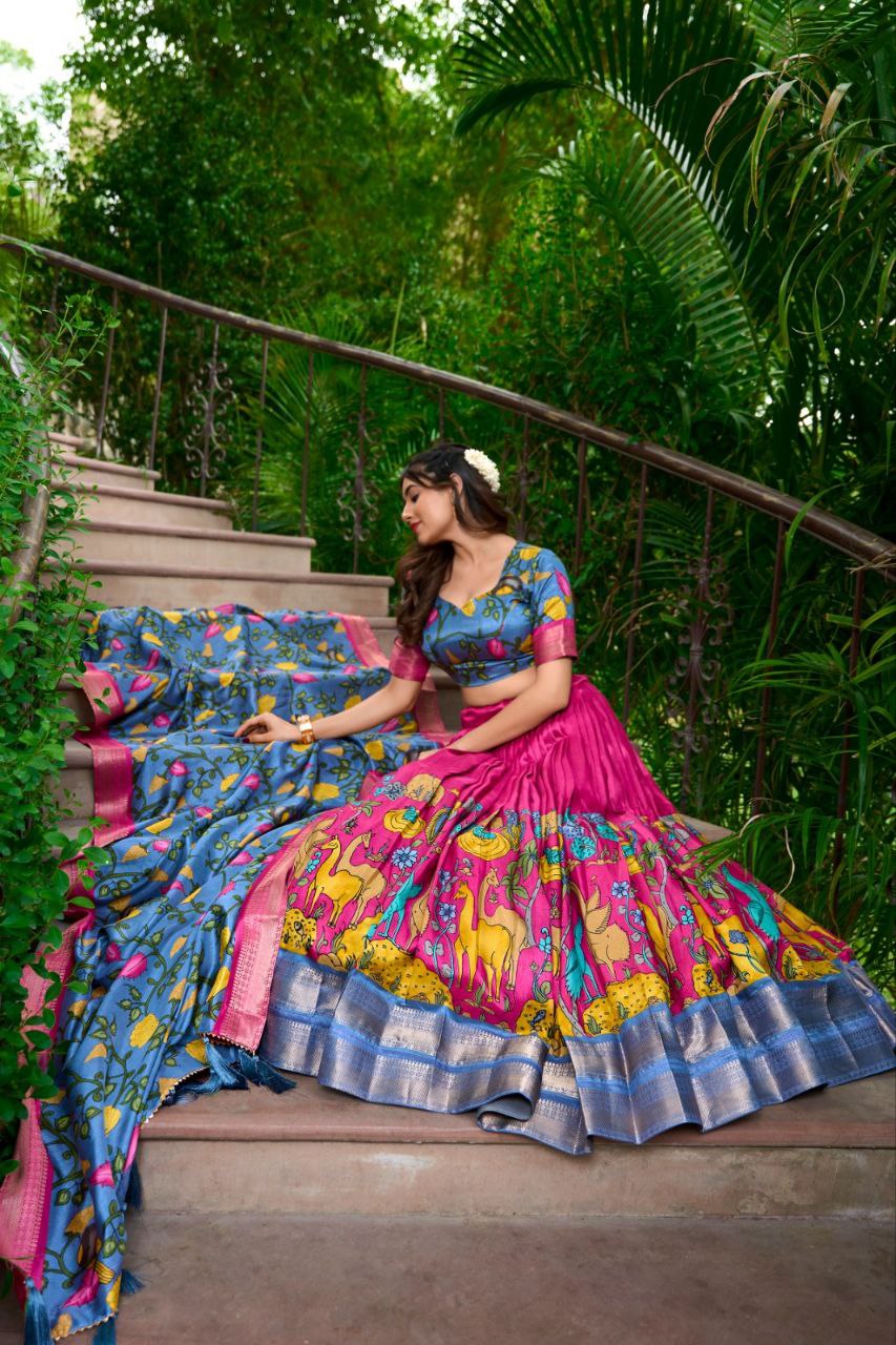 Magenta Blue Floral Silk Lehenga Choli with Contrast Dupatta