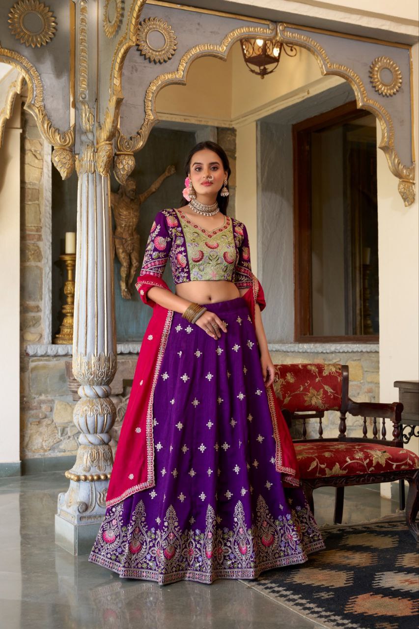 Purple Silk Lehenga Choli with Green Embroidered Blouse and Pink Dupatta for Wedding and Festive Wear