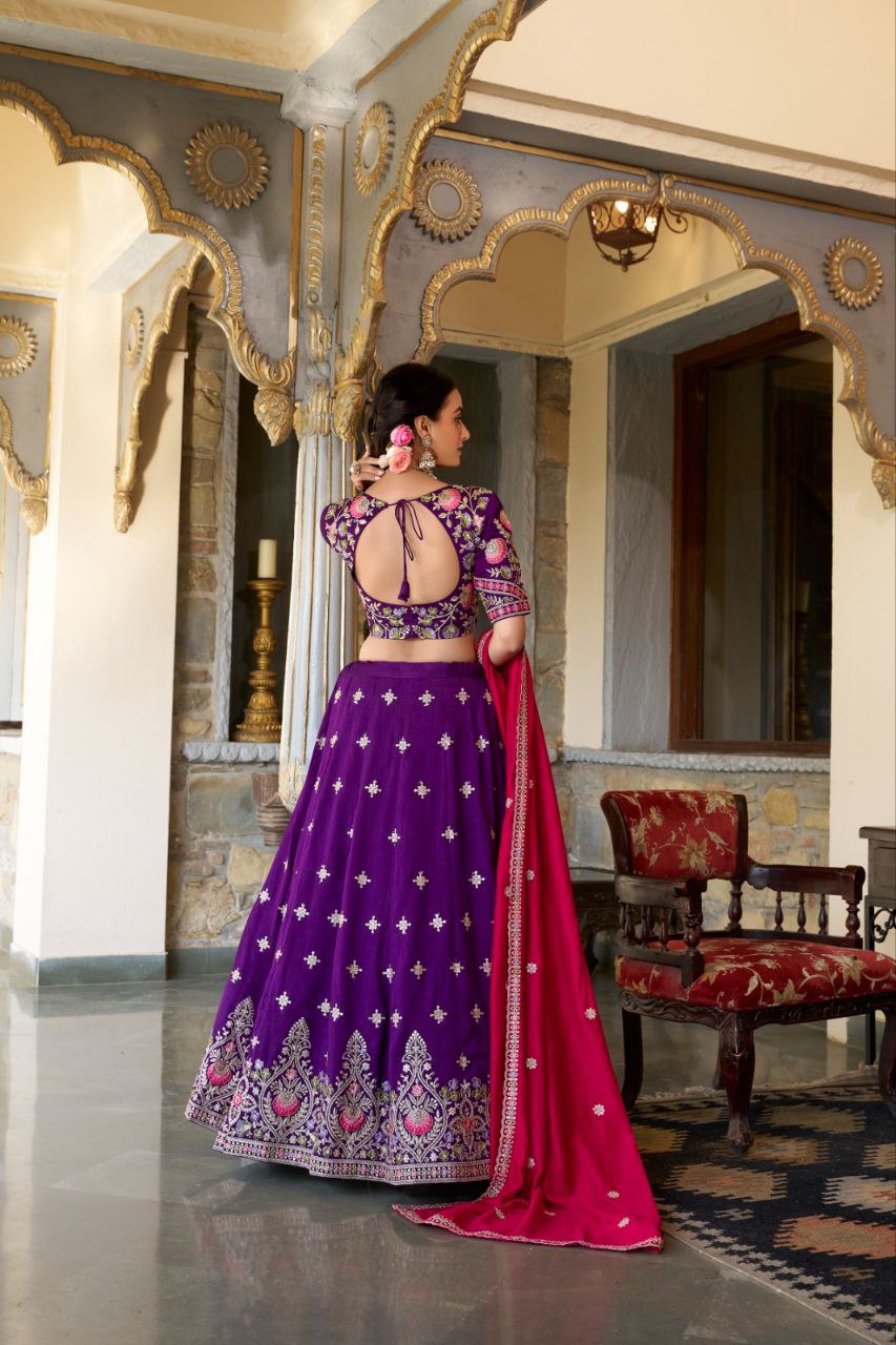 Purple Silk Lehenga Choli with Green Embroidered Blouse and Pink Dupatta for Wedding and Festive Wear
