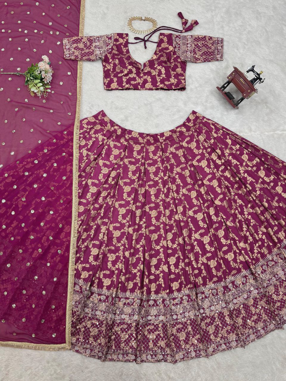 Jimi Choo Lehenga, Thread Work Lehenga, Lace Border Dupatta, Full Stitch Lehenga, Cancan Lehenga, Lightweight Lehenga, Indian Ethnic Wear, Wedding Lehenga, Festive Lehenga, 3 Meter Flair Lehenga, Unstitched Blouse, Traditional Lehenga Choli, Designer Choli Set, Micro Inner Lehenga