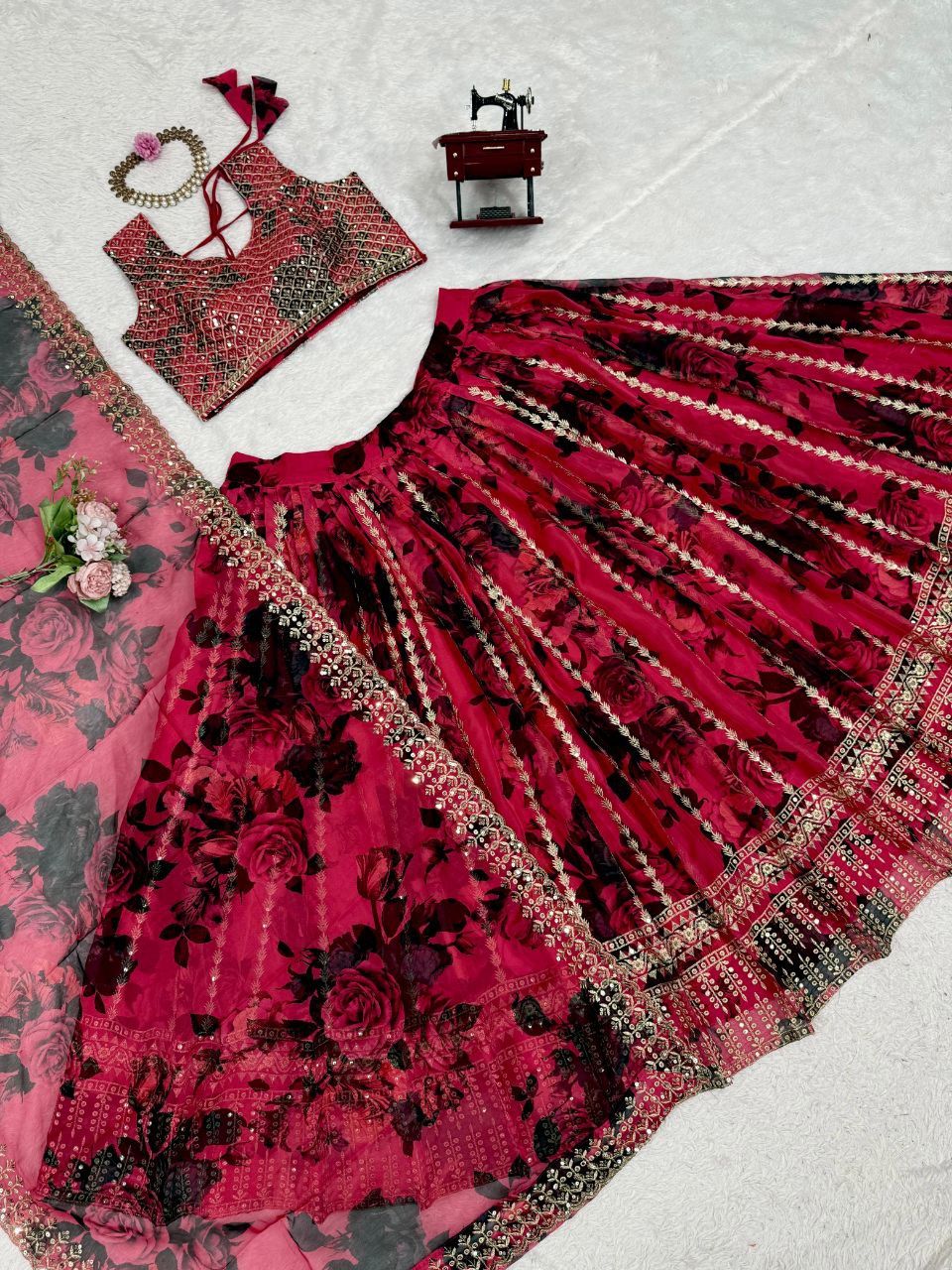 Tabby Organza Lehenga, Sequin Work Lehenga, Organza Choli Set, Full Stitch Lehenga, Lace Border Dupatta, Lightweight Lehenga, Wedding Lehenga Choli, Festive Ethnic Wear, Designer Organza Lehenga, Traditional Lehenga Choli, 3 Meter Flair Lehenga, Unstitched Blouse, Micro Inner Lehenga