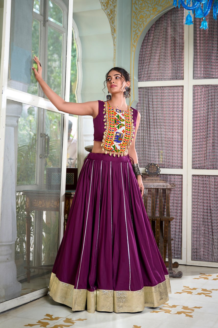 Navratri Lehenga 2025, Gamthi Work Blouse, Rayon Lehenga Choli, Kodi Lace Blouse, Gotta Patti Lehenga, Cowrie Work Choli, Stitched Navratri Lehenga, Traditional Garba Outfit, Dandiya Lehenga, 6 Meter Flare Lehenga, Festive Indian Wear, Ready to Wear Lehenga, Canvas Lined Lehenga