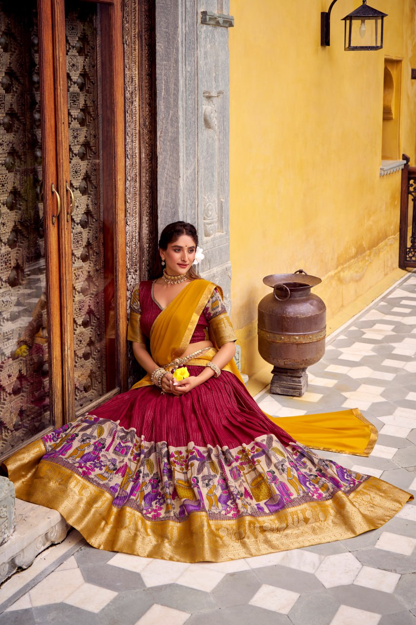 Red Poly Kalamkari Printed Chanderi Lehenga Choli