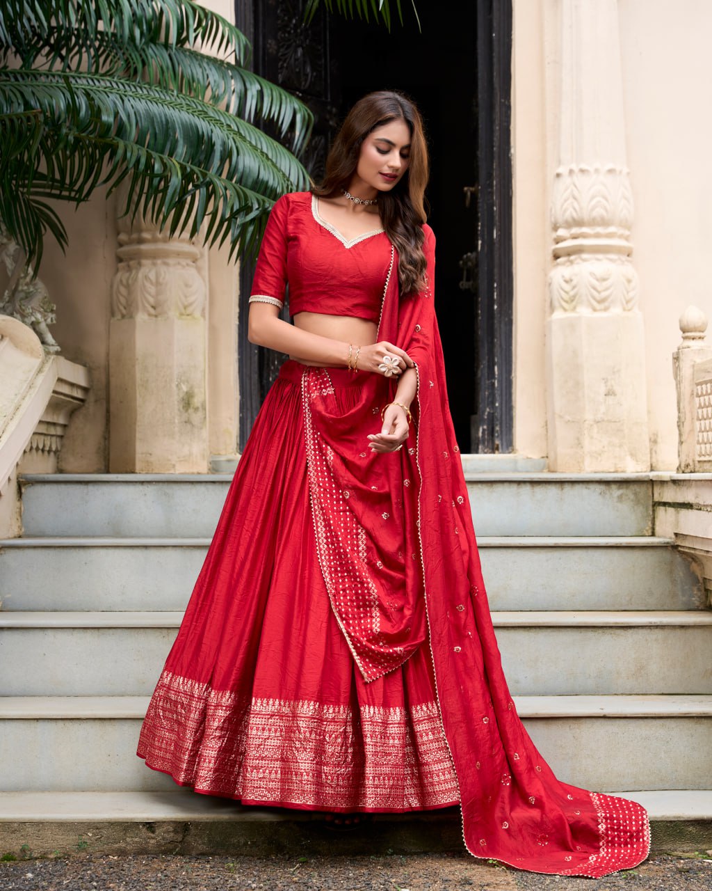 Pure Chanderi Red Chaniya Choli for Navratri with Zari Weaving Border & Sequins Dupatta