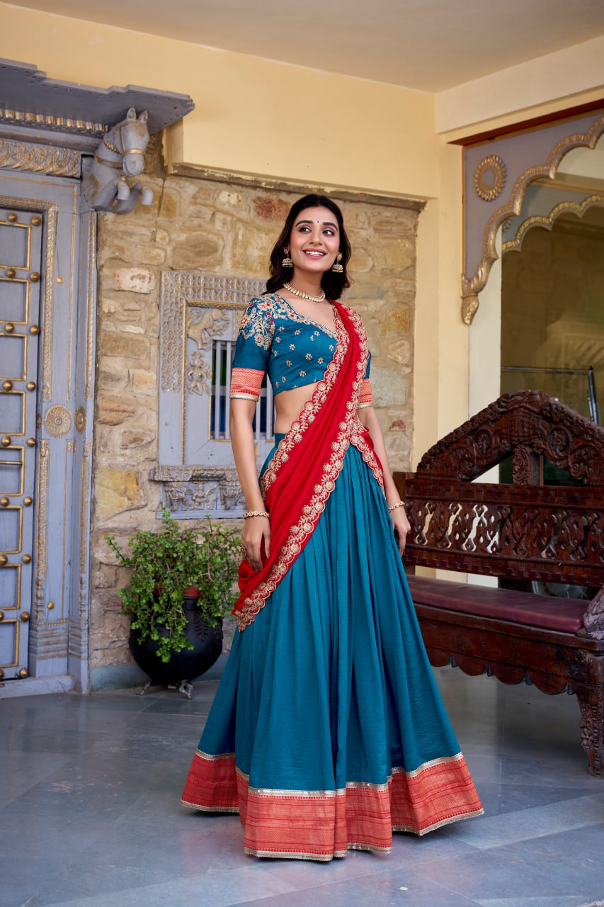 Teal Blue Party Wear Lehenga Choli with Zari Weaving & Dupatta