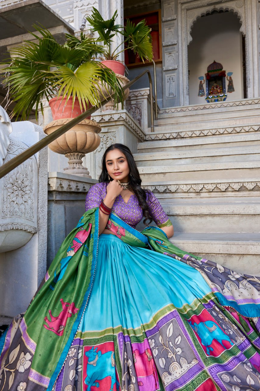 Sky Blue Kalamkari Lehenga Choli with Foil Work & Gota Patti Dupatta