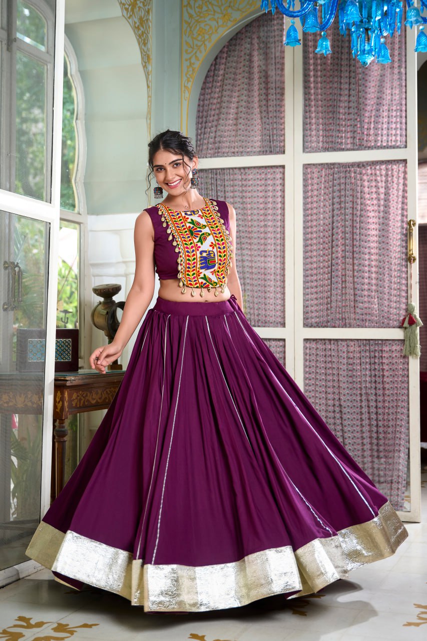 Navratri Lehenga 2025, Gamthi Work Blouse, Rayon Lehenga Choli, Kodi Lace Blouse, Gotta Patti Lehenga, Cowrie Work Choli, Stitched Navratri Lehenga, Traditional Garba Outfit, Dandiya Lehenga, 6 Meter Flare Lehenga, Festive Indian Wear, Ready to Wear Lehenga, Canvas Lined Lehenga