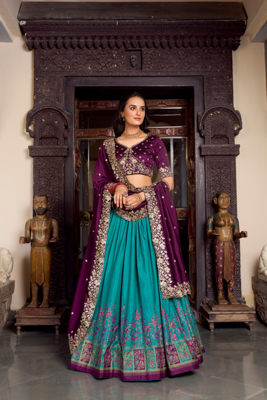 Purple Teal Designer Wedding Lehenga Choli with Foil Print & Dupatta
