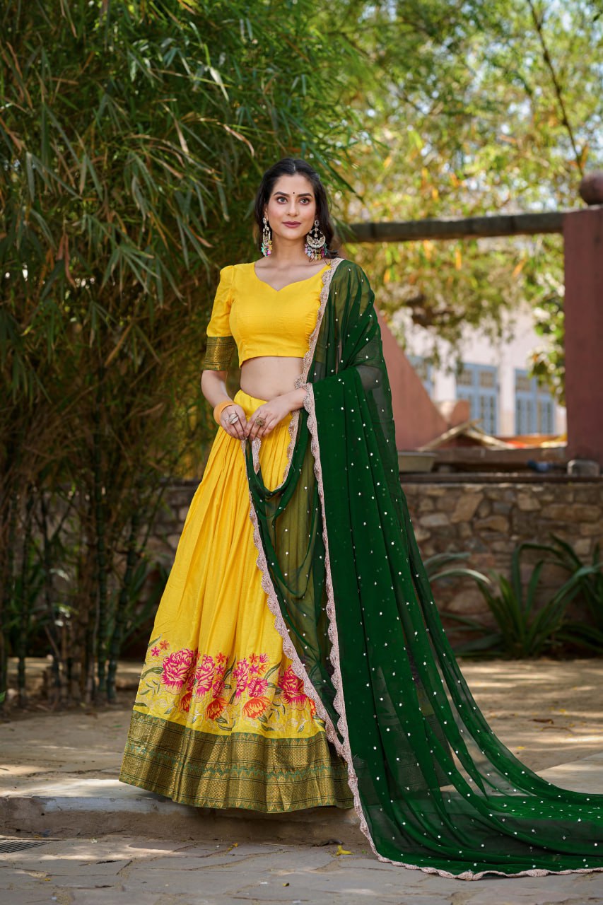 Yellow Cotton Silk Lehenga Choli Thread Embroidery with Drape Georgette Dupatta