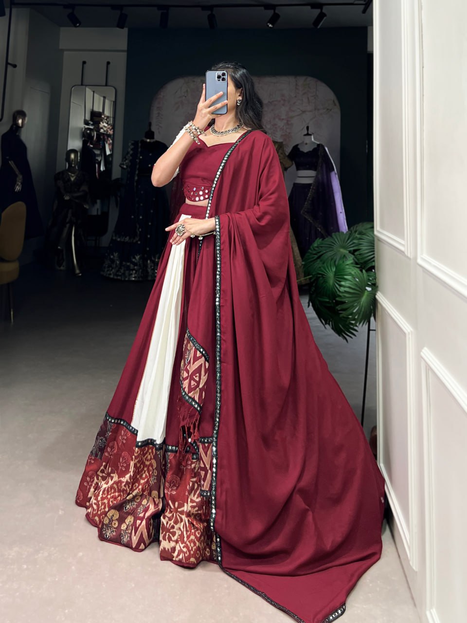 Maroon Rayon Printed Lehenga Choli with Mirror Work & Gota Patti