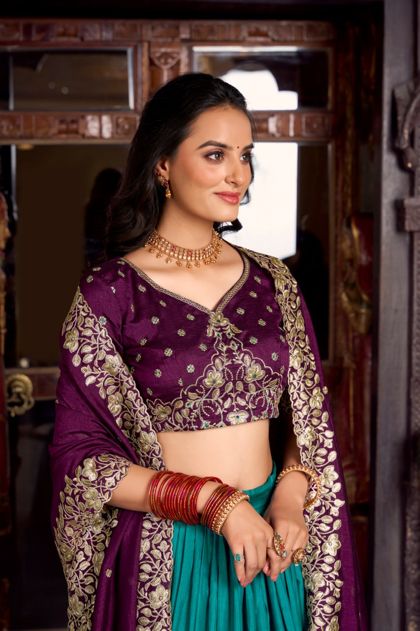 Purple Teal Designer Wedding Lehenga Choli with Foil Print & Dupatta