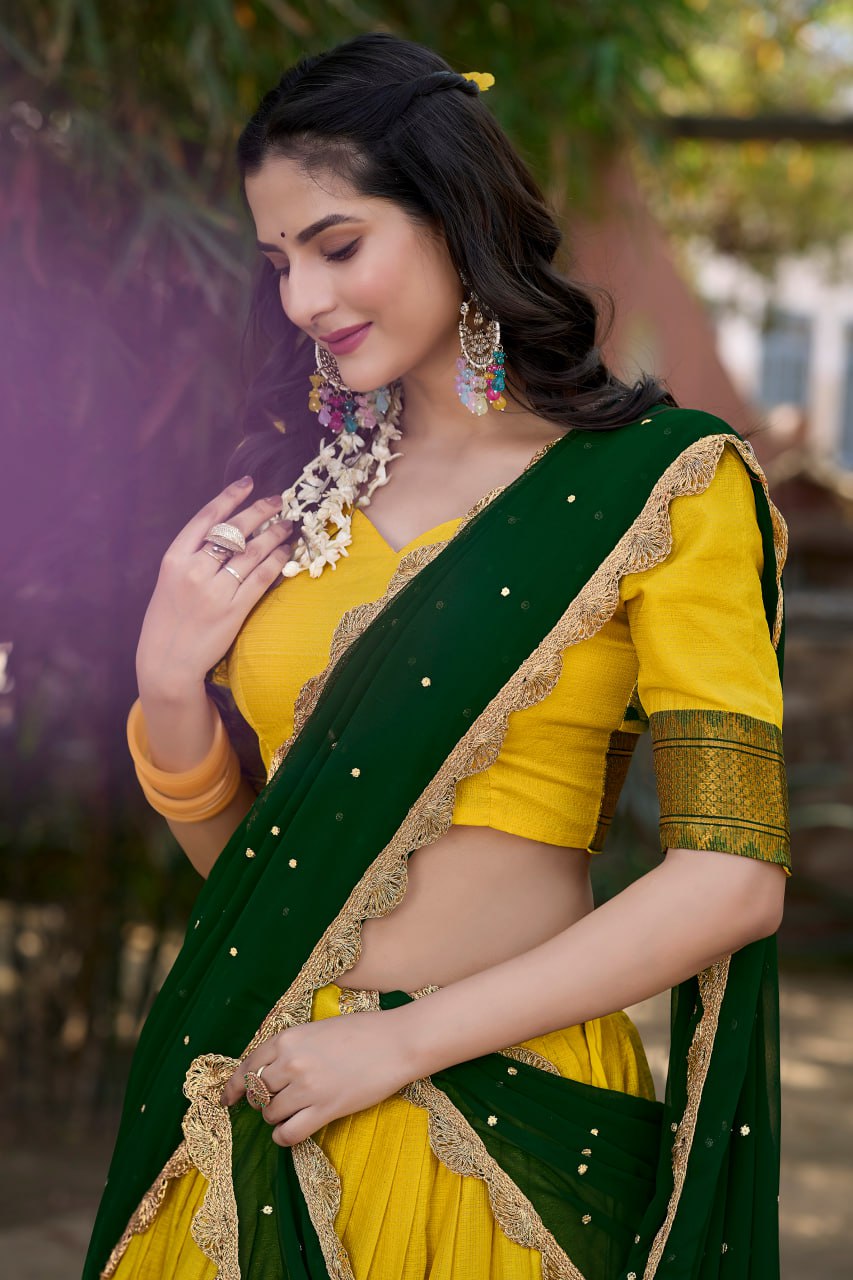 Yellow Cotton Silk Lehenga Choli Thread Embroidery with Drape Georgette Dupatta