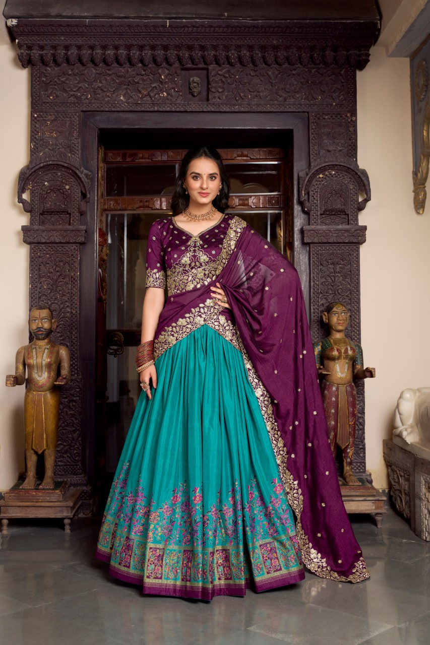 Purple Teal Designer Wedding Lehenga Choli with Foil Print & Dupatta