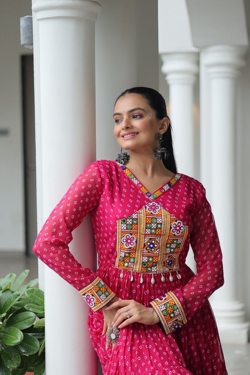 Bandhani Print Kutchi Work Navratri Gown