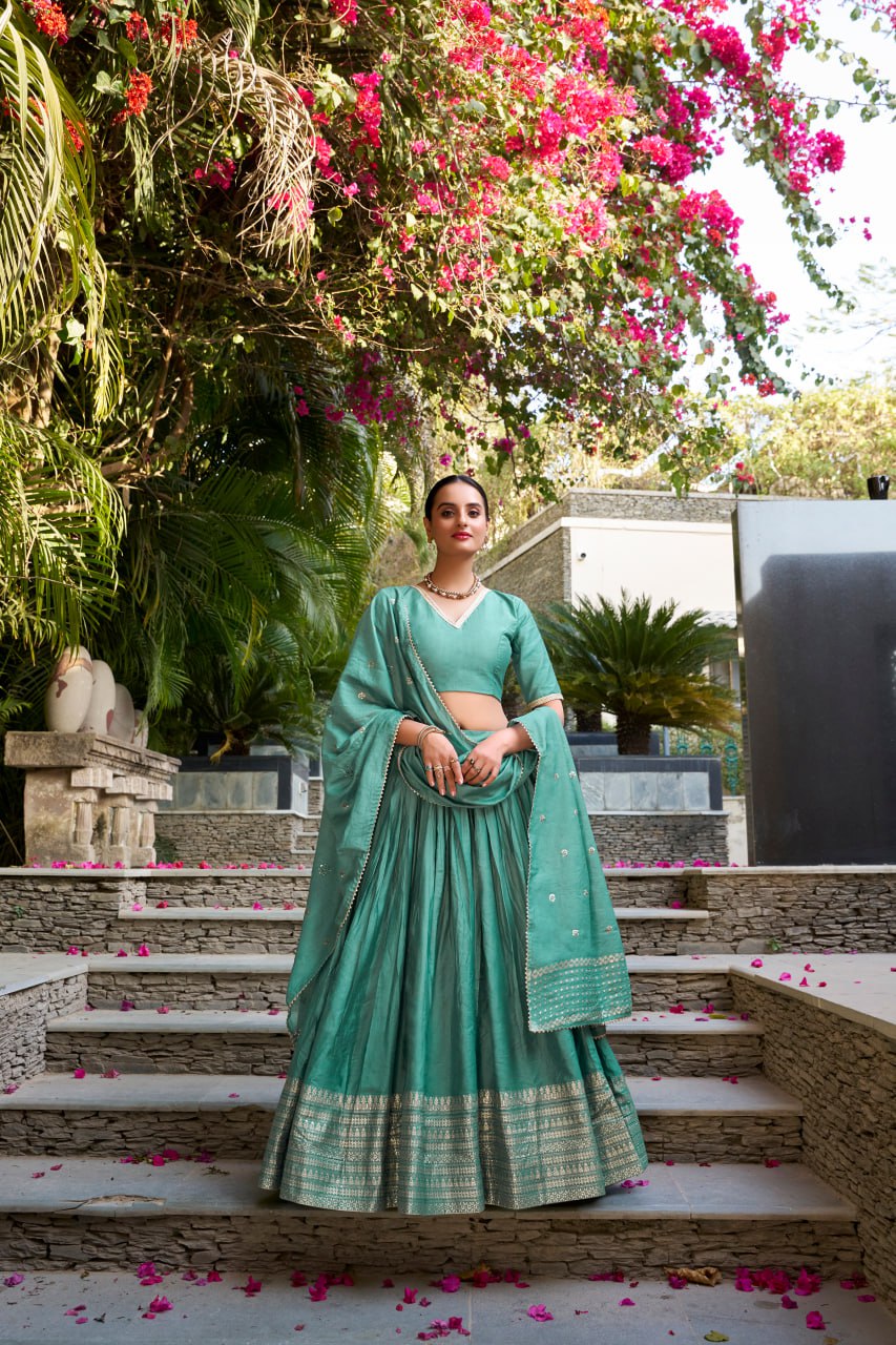 Pure Chanderi Bottle Green Chaniya Choli for Navratri with Zari Weaving Border & Sequins Dupatta