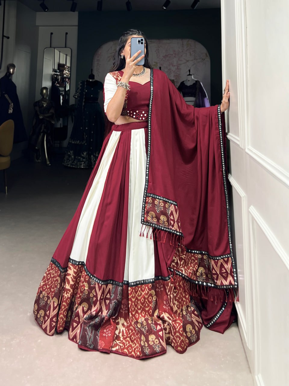 Maroon Rayon Printed Lehenga Choli with Mirror Work & Gota Patti