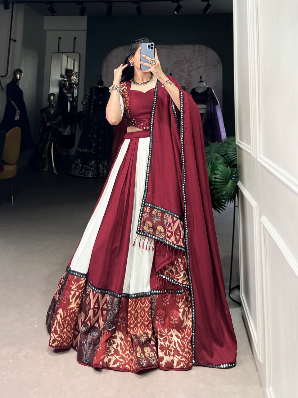 Maroon Rayon Printed Lehenga Choli with Mirror Work & Gota Patti