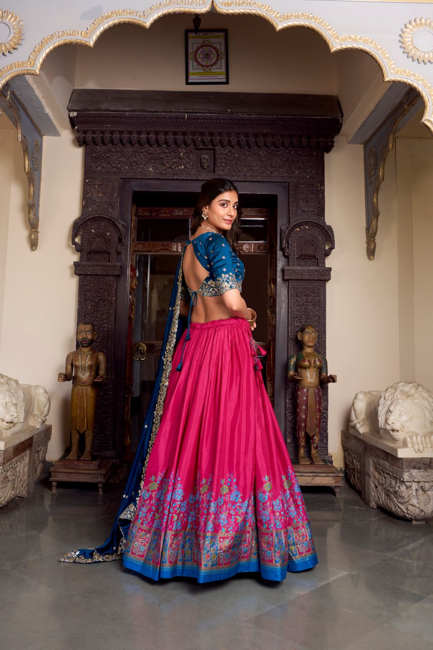 Royal Blue Designer Wedding Lehenga Choli with Foil Print & Dupatta