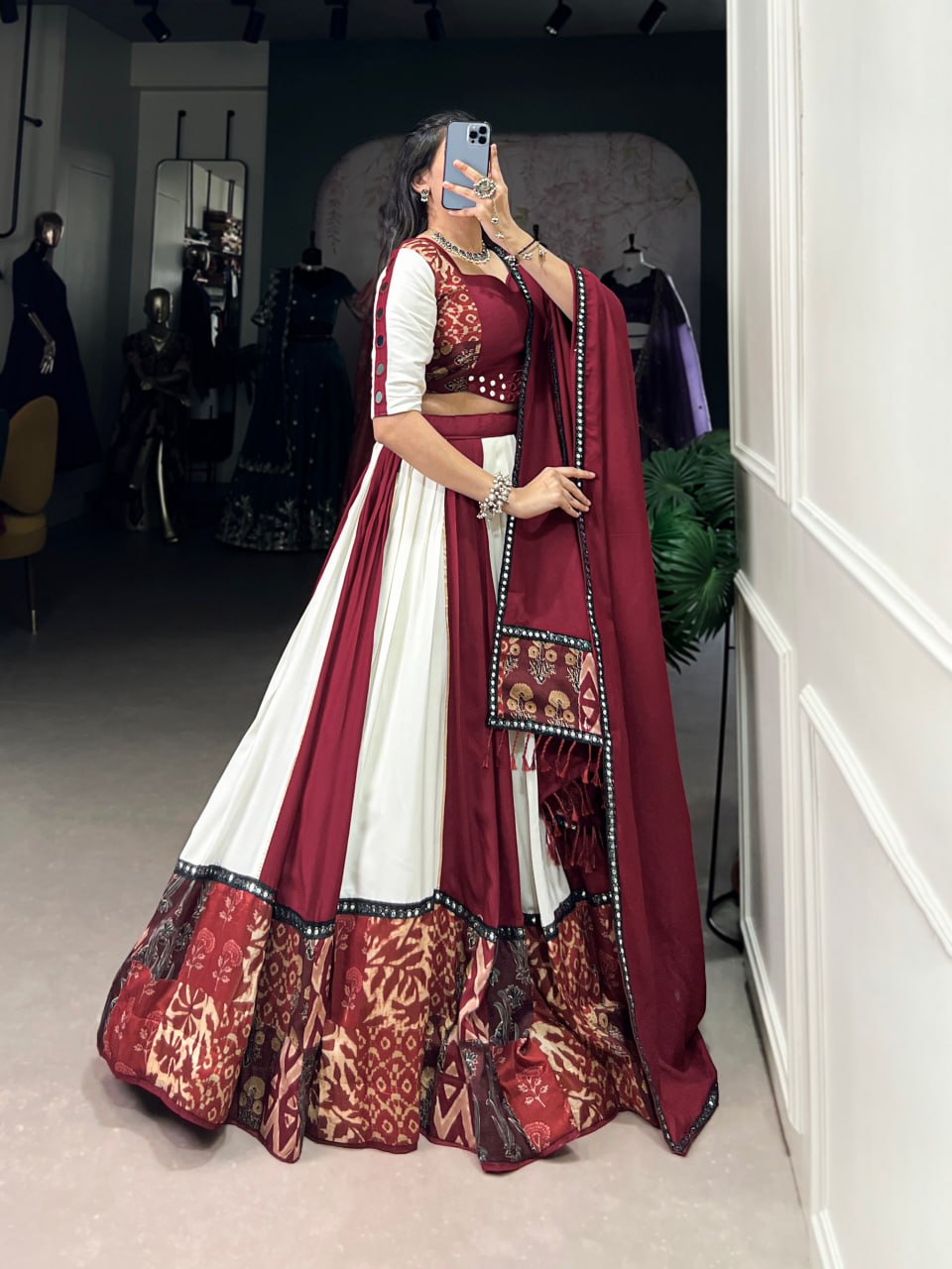 Maroon Rayon Printed Lehenga Choli with Mirror Work & Gota Patti