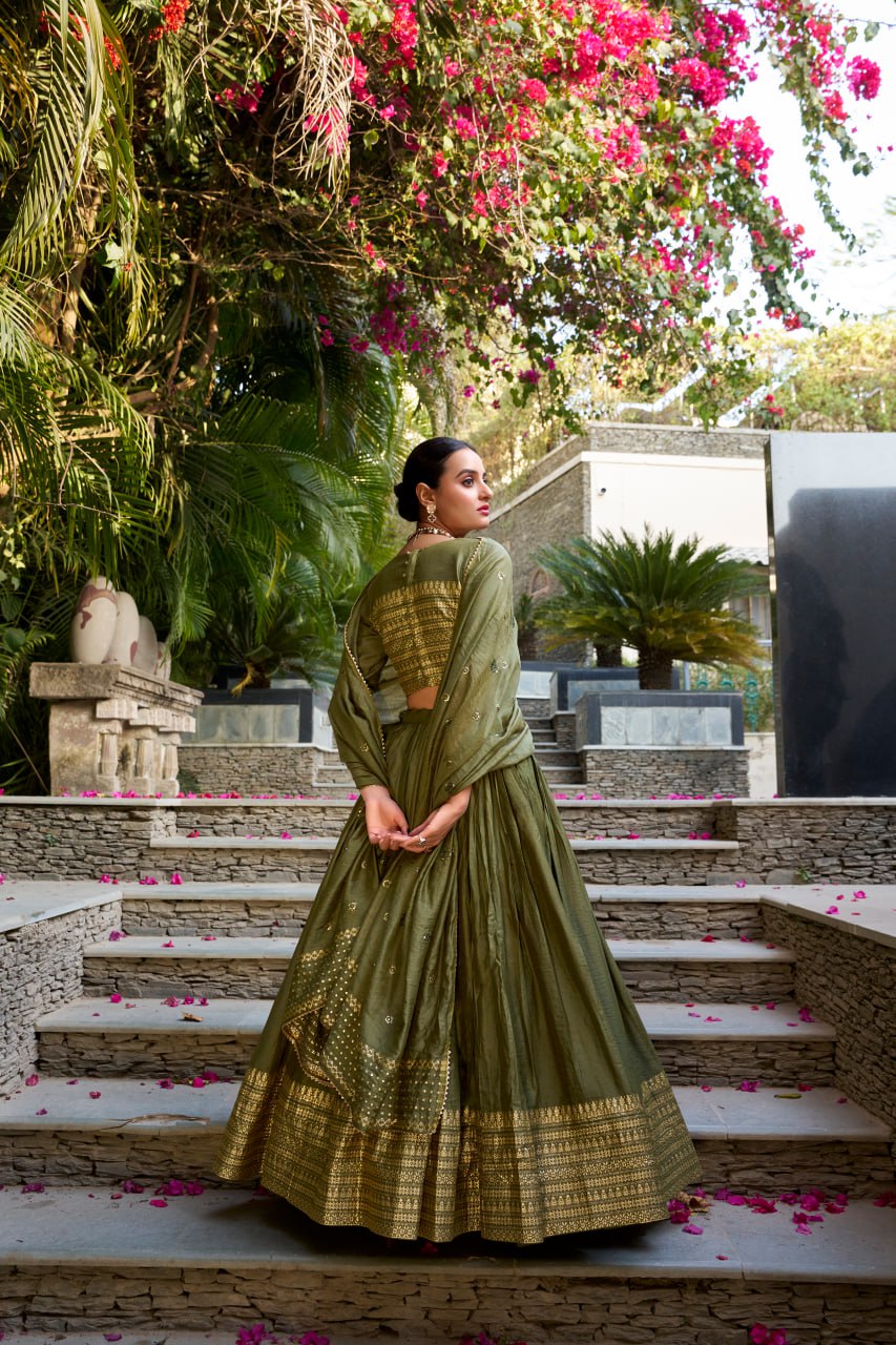 Pure Chanderi Mehendi Green Chaniya Choli for Navratri with Zari Weaving Border & Sequins Dupatta