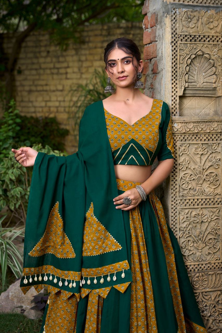 Cotton Chaniya Choli, Navratri Lehenga 2025, Mustard Green Lehenga, Cowrie Lace Choli, Printed Cotton Lehenga, Gota Patti Choli, Traditional Indian Wear, Dandiya Night Outfit, Festive Cotton Lehenga, Kodi Work Chaniya Choli