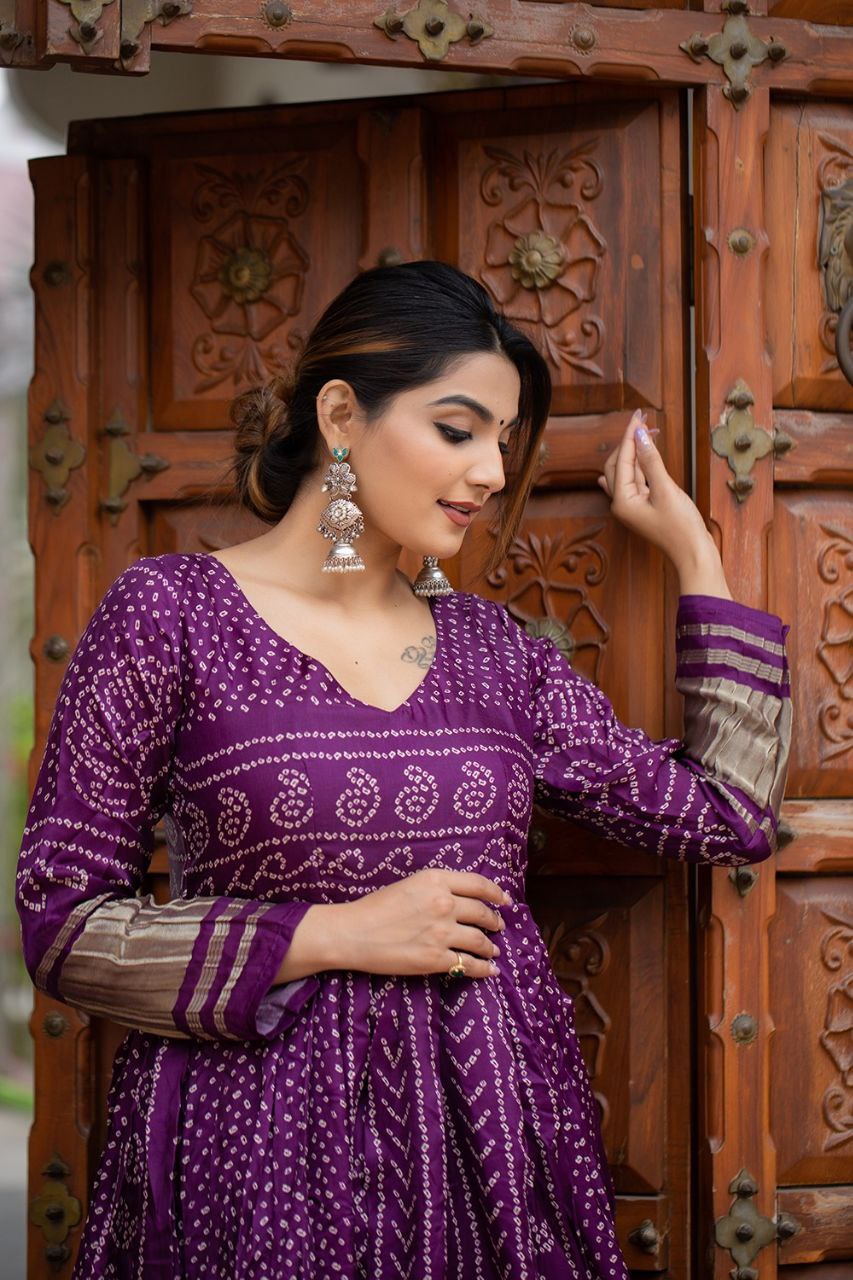 Wine Bandhej Gown, Gaji Silk Gown, Bandhani Print Dress, Navratri Gown, Traditional Indian Gown, Ethnic Wear for Women, Ready to Wear Gown, Full Flare Gown, Festive Silk Dress, Long Gown for Garba
