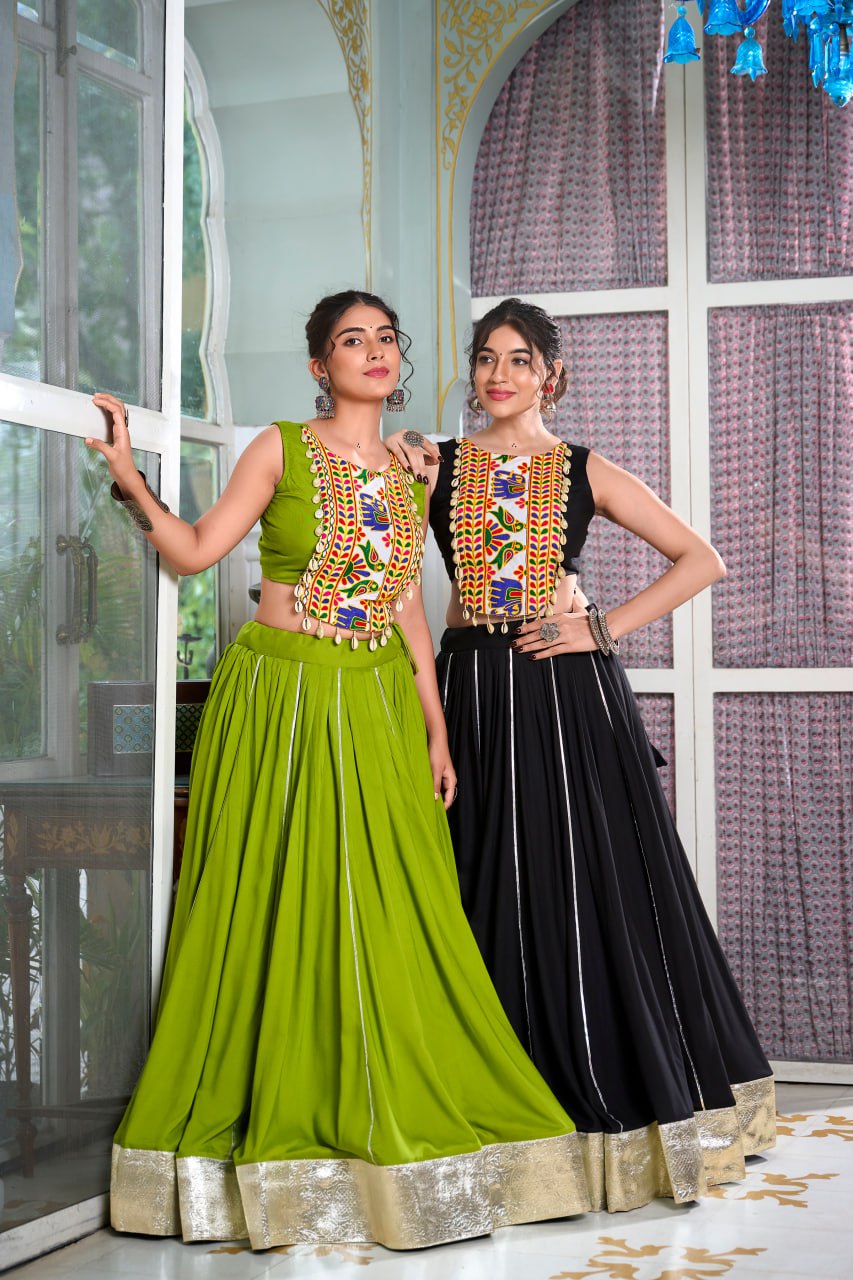 Navratri Lehenga 2025, Gamthi Work Blouse, Rayon Lehenga Choli, Kodi Lace Blouse, Gotta Patti Lehenga, Cowrie Work Choli, Stitched Navratri Lehenga, Traditional Garba Outfit, Dandiya Lehenga, 6 Meter Flare Lehenga, Festive Indian Wear, Ready to Wear Lehenga, Canvas Lined Lehenga