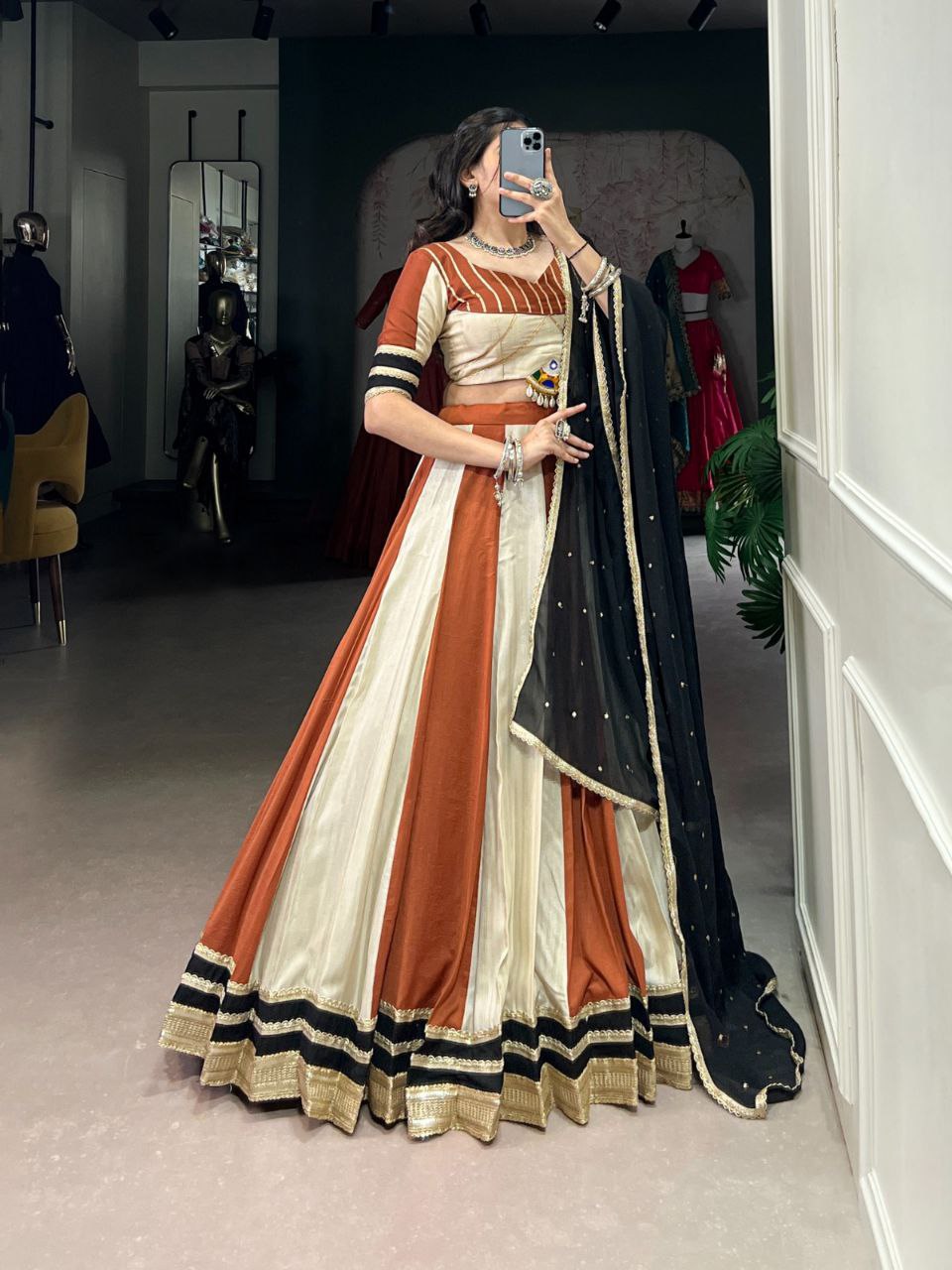 Navratri Lehenga 2025, Mirror Work Blouse, Chinon Lehenga Choli, Gamthi Work Lehenga, Kodi Lace Blouse, Gotta Patti Lehenga, 6 Meter Flair Lehenga, Garba Night Outfit, Stitched Navratri Lehenga, Georgette Embroidered Dupatta, Garba Look 2025, Traditional Festival Wear, Canvas Lined Lehenga