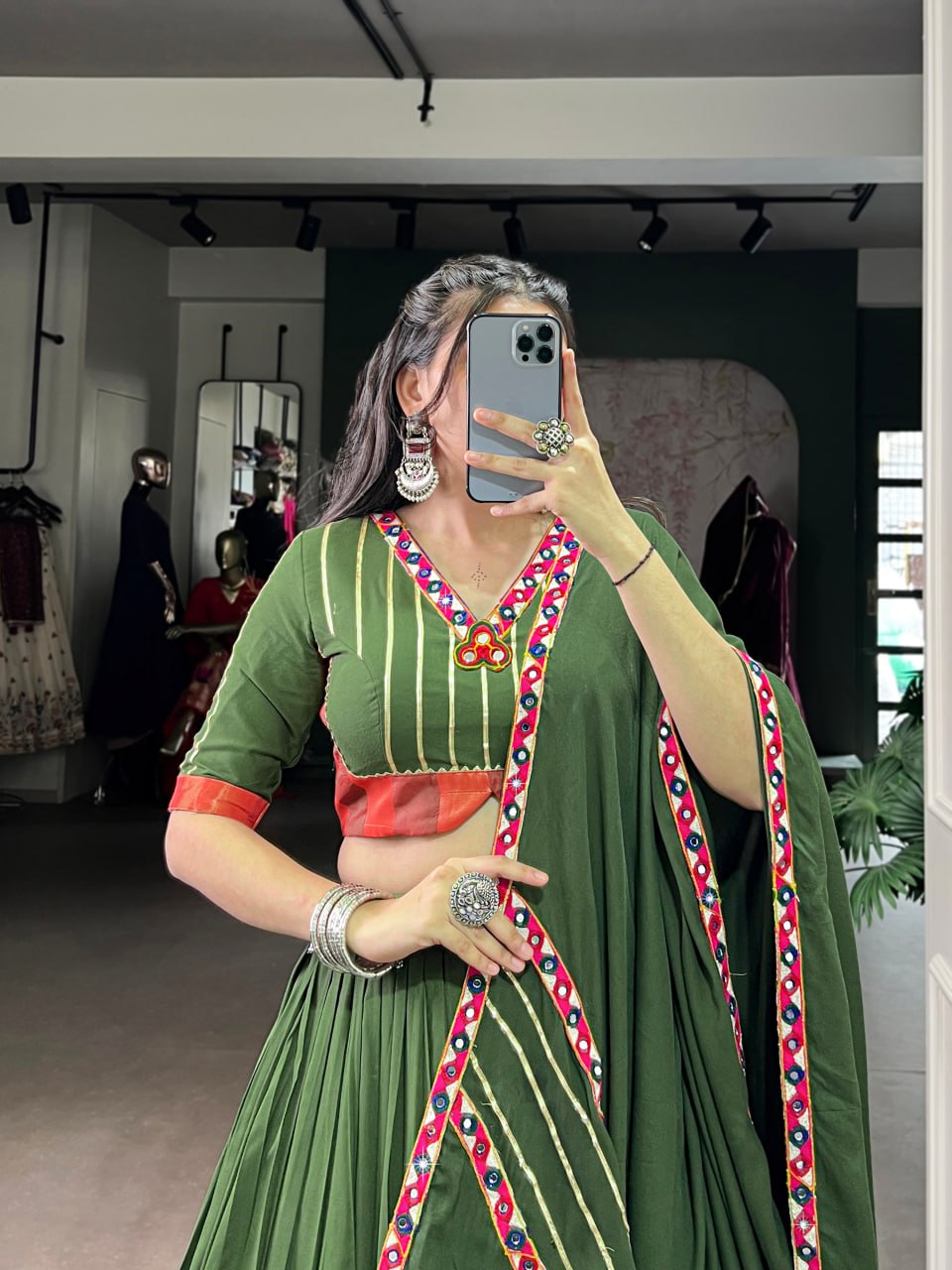 Light Green Rayon Original Mirror Work Gamthi Lehenga Choli