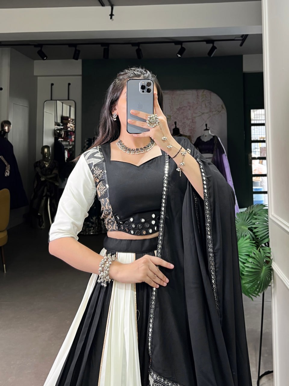 Black Rayon Printed Lehenga Choli with Mirror Work & Gota Patti