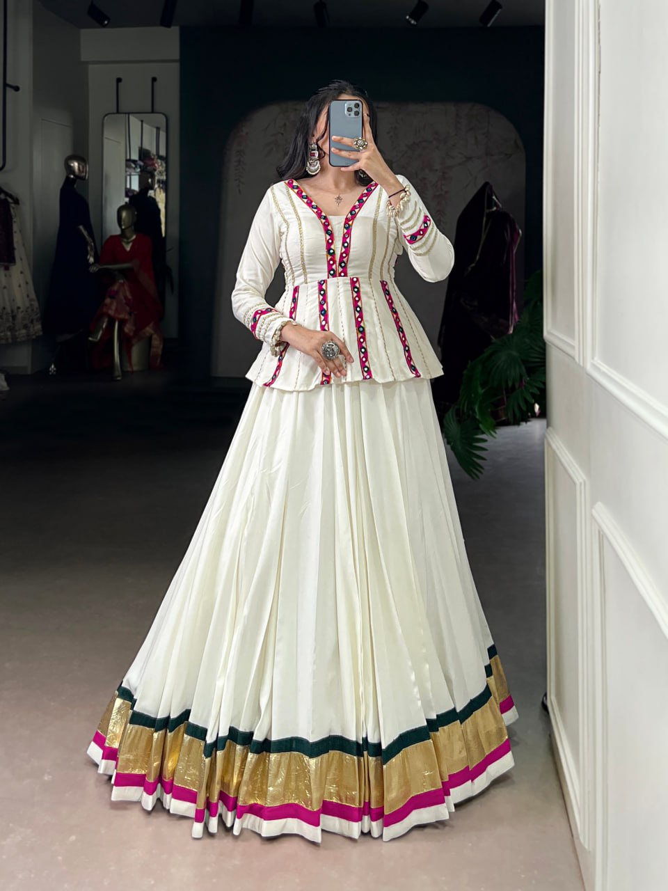 Rayon Designer White Mirror Gamthi Work Chaniya Choli for Navratri