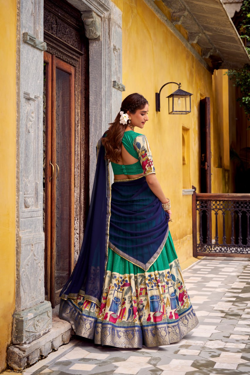 Bottle Green Poly Kalamkari Printed Chanderi Lehenga Choli