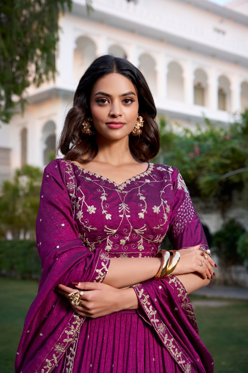 Wine Vichitra Silk Lehenga Choli with Sequins & Thread Embroidery