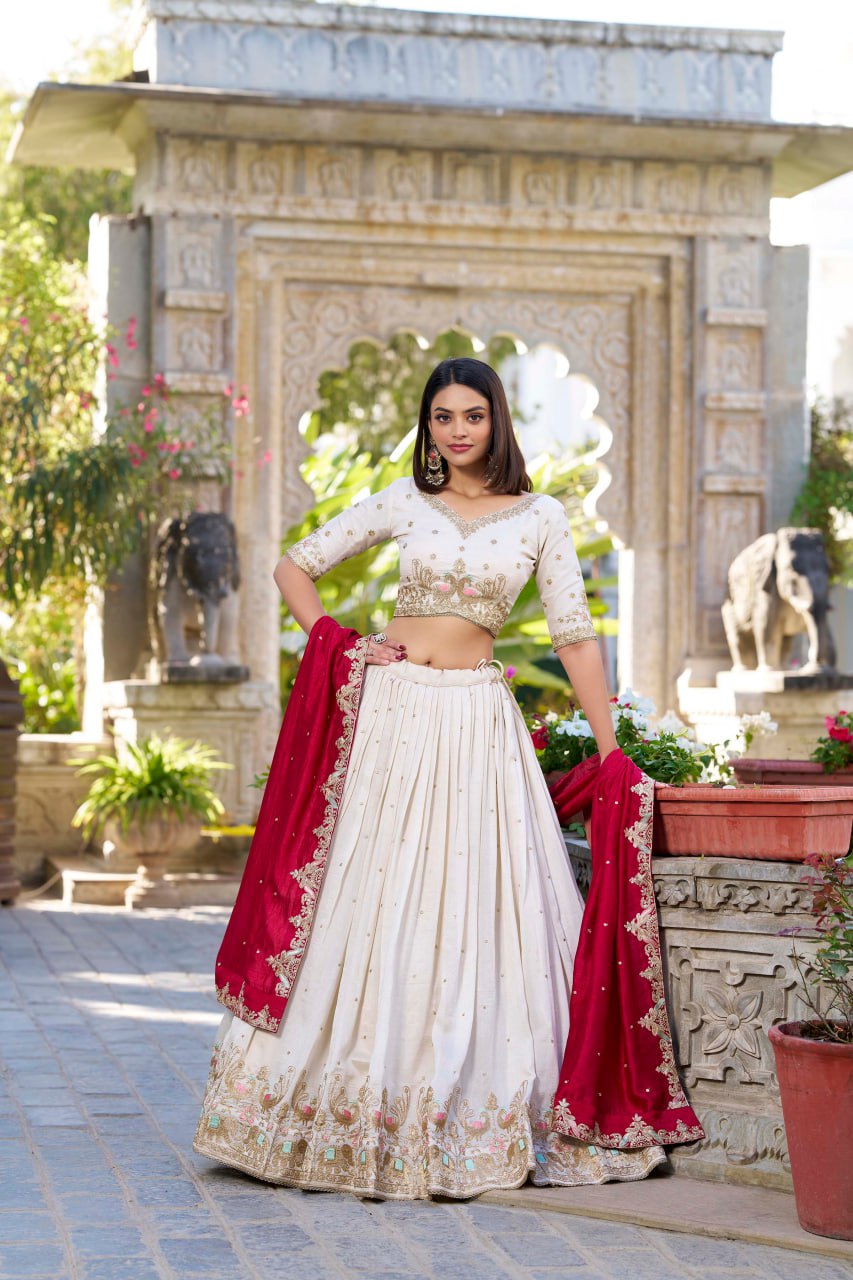 Off White Vichitra Silk Bridesmaid Lehenga Choli with Sequins & Thread Embroidery