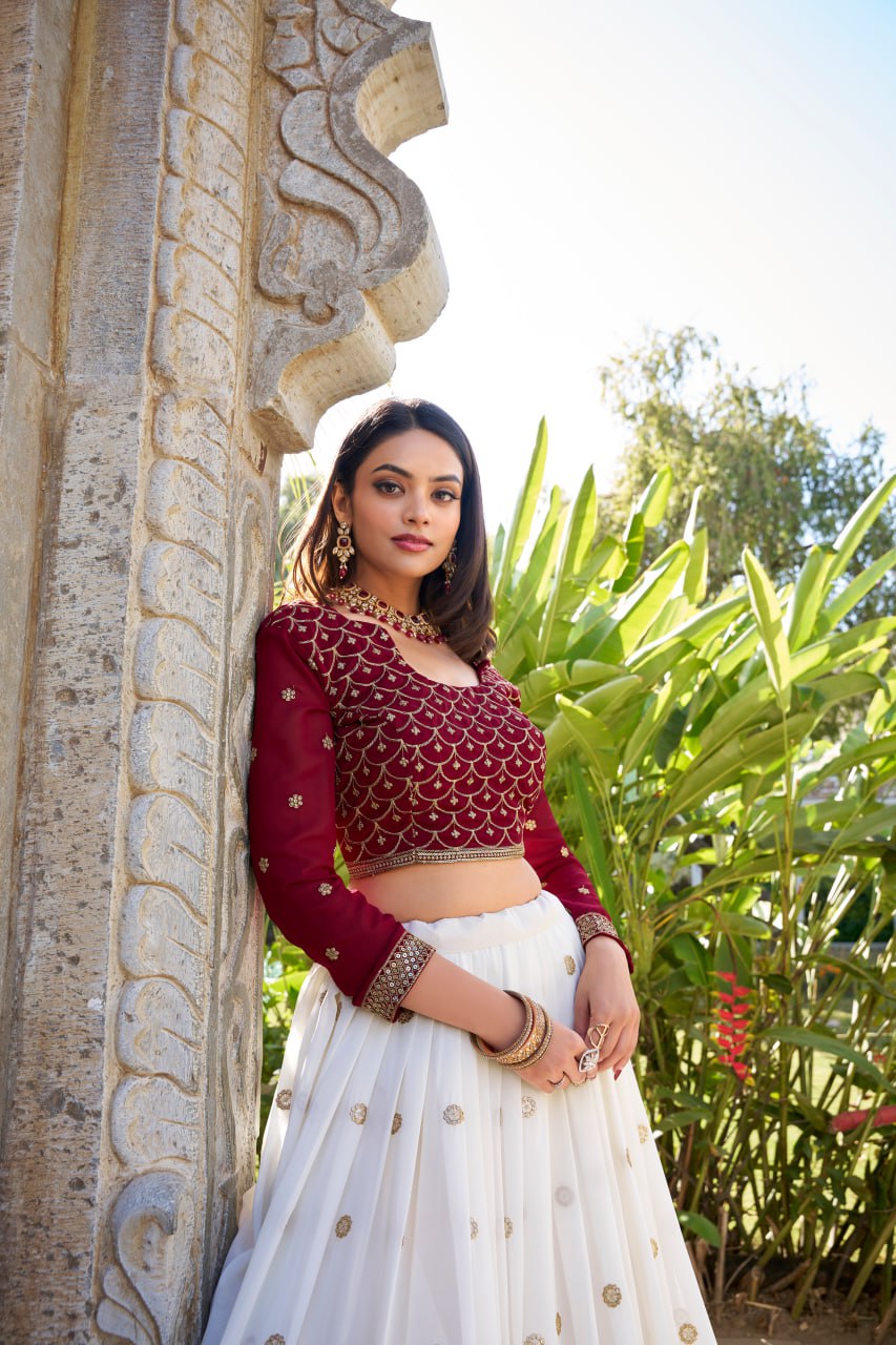 White Maroon Georgette Bridesmaid Lehenga Choli with Sequins