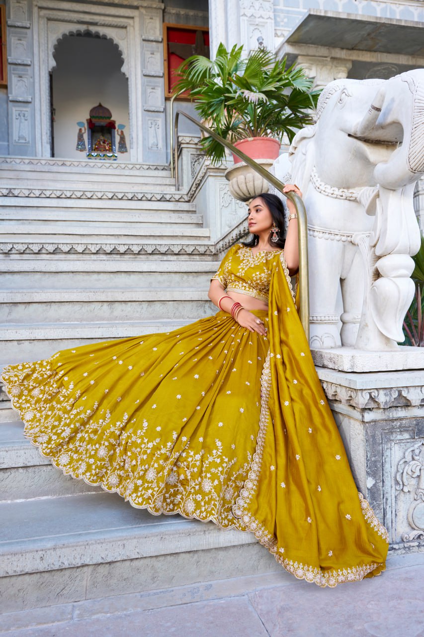 Mustard Vichitra Silk Bridesmaid Lehenga Choli with Sequins & Thread Embroidery