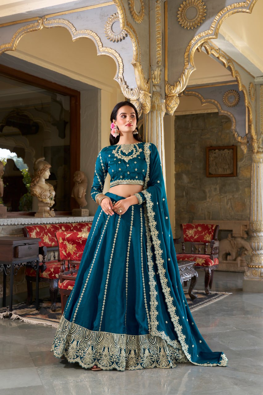 Teal Firozi Vichitra Silk Wedding Lehenga Choli with Sequins