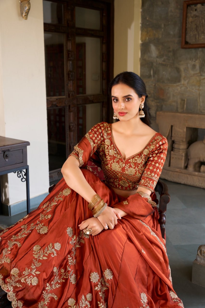 Designer Rust Rangoli Silk Bridal Party Wear Lehenga Choli