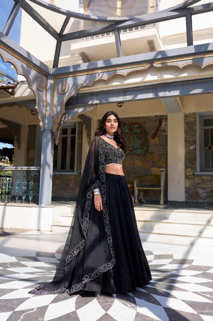 Luxury Black Wedding Lehenga Choli with Pearl