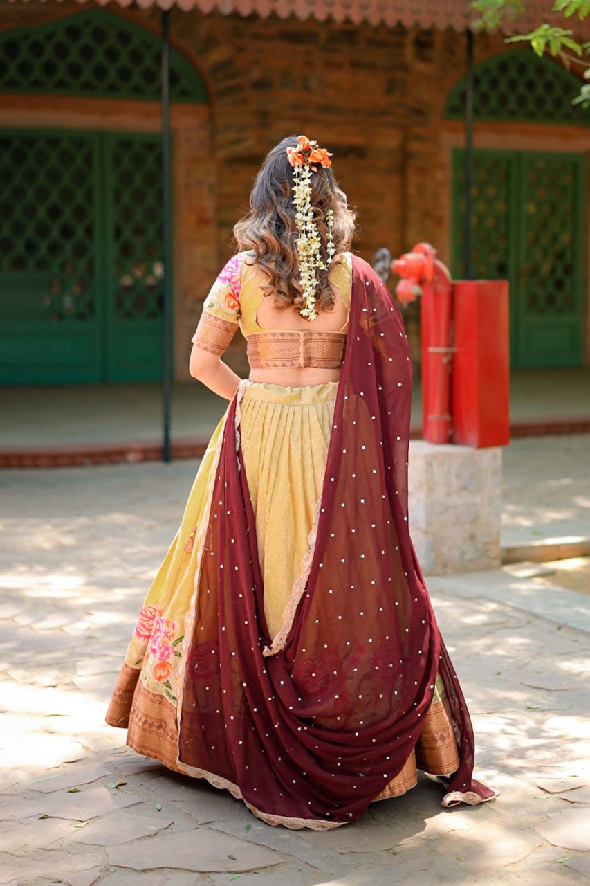 Cream Cotton Silk Lehenga Choli with Thread Embroidery With Drape Georgette Dupatta