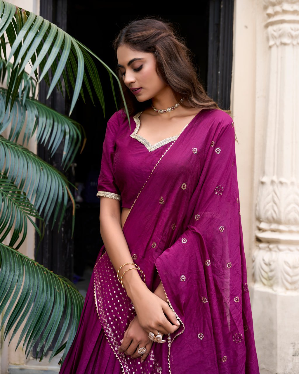 Pure Chanderi Dark Pink Chaniya Choli for Navratri with Zari Weaving Border & Sequins Dupatta
