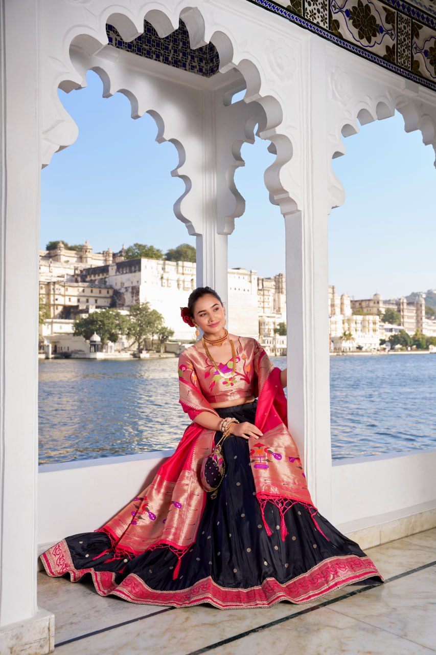 Black Paithani Traditional Lehenga Choli with Dupatta & Zari Weaving