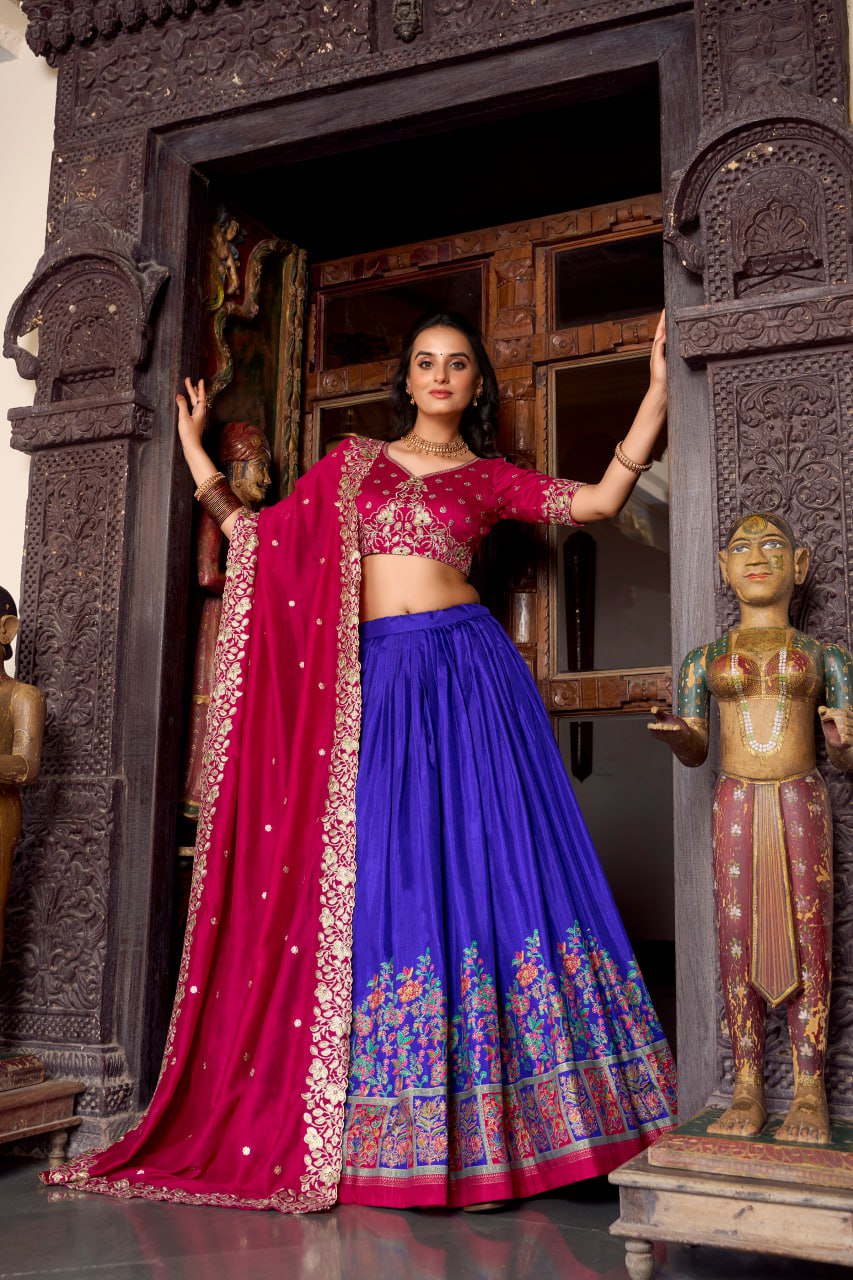 Pink Blue Designer Wedding Lehenga Choli with Foil Print & Dupatta