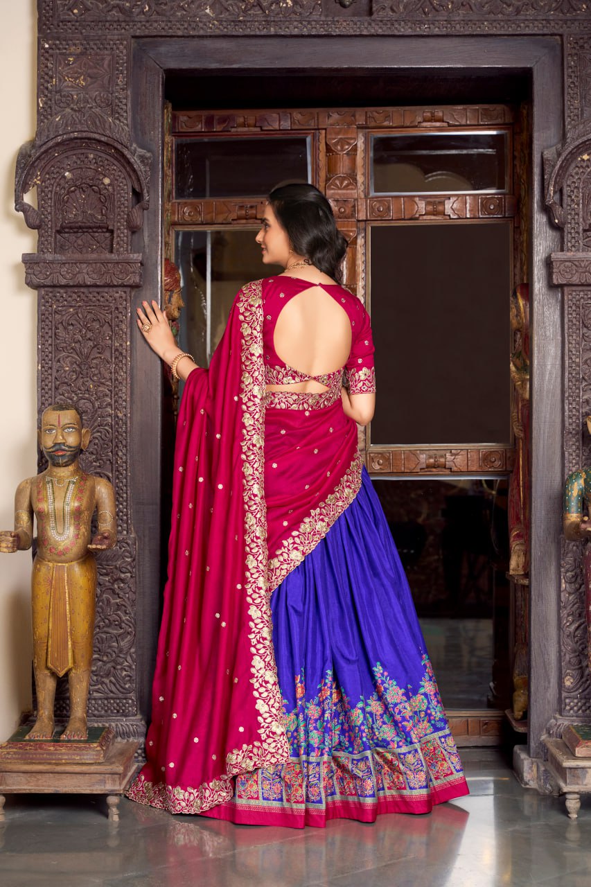 Pink Blue Designer Wedding Lehenga Choli with Foil Print & Dupatta